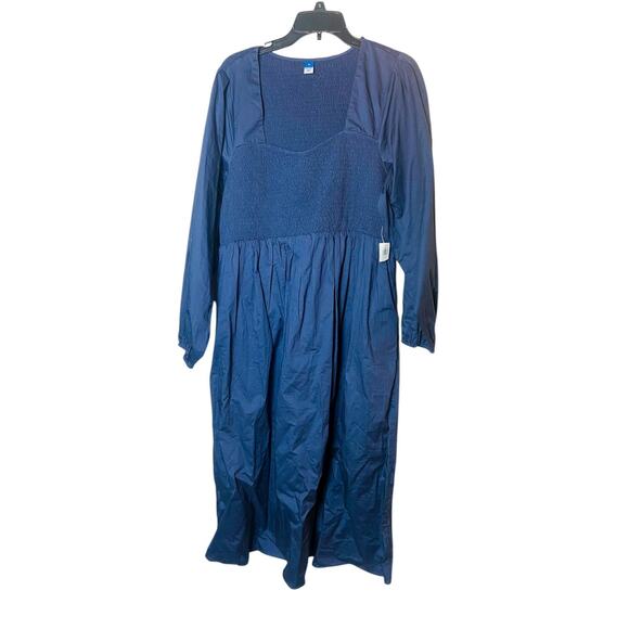 Old Navy Womens Long Sleeve Square Neck Smocked Cotton Midi Dress Blue XL - Picture 2 of 9